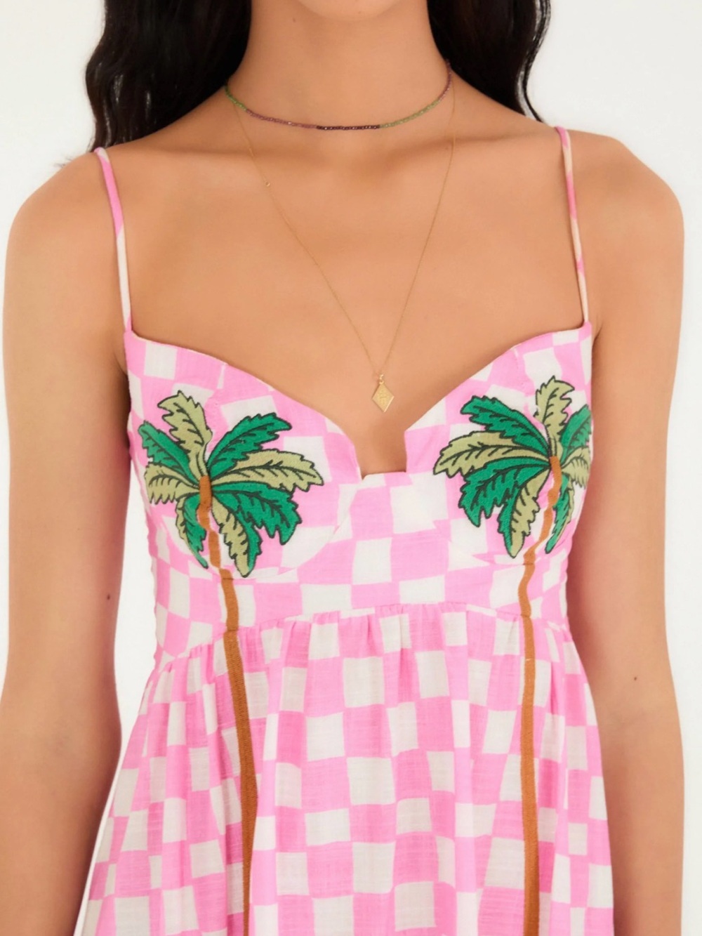 FARM Rio Pink White Check Palm-Embroidered Maxi Dress